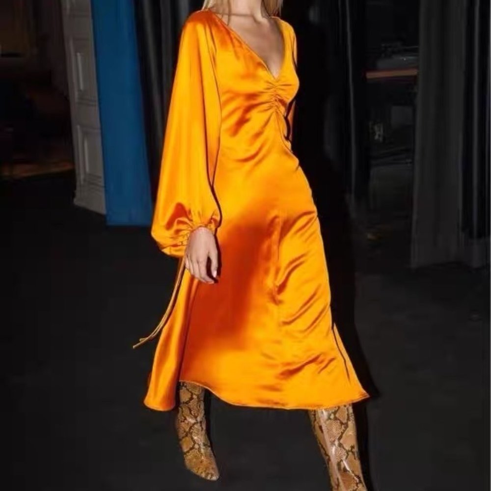 STAUD Long Balloon Sleeve Orange Satin Midi Dress size 0